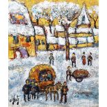 Henry Maurice d'Anty (1910-1998)doek, 55 x 46, 'Calèche dans la neige', Winters dorpsgezicht met