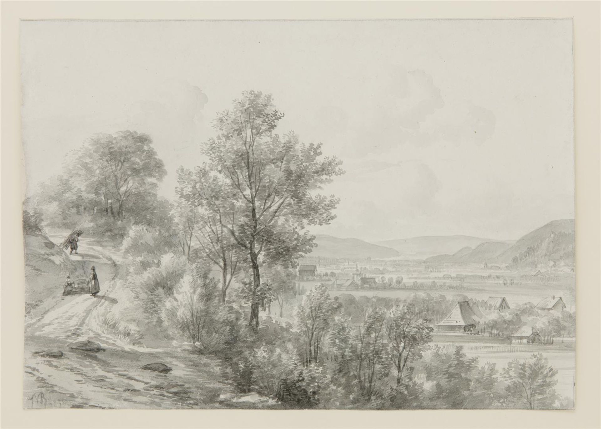 Jan van Ravenswaay (1789-1869)gewassen inkttekening, 23 x 33, Romantisch landschap met figuren te