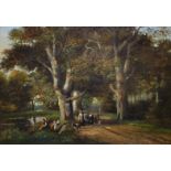 paneel, 47 x 66,5, Ontmoeting in het bos, Hollandse school- - -29.00 % buyer's premium on the hammer