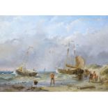 Jan Wiardi (1823-1909)paneel, 25 x 35,5, Bedrijvigheid op strand, gesigneerd en gedateerd l.o. -