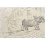 Herman Kruyder (1881-1935)potloodtekening, 10,5 x 14,5, Ploegende boer, met op verso een tekening