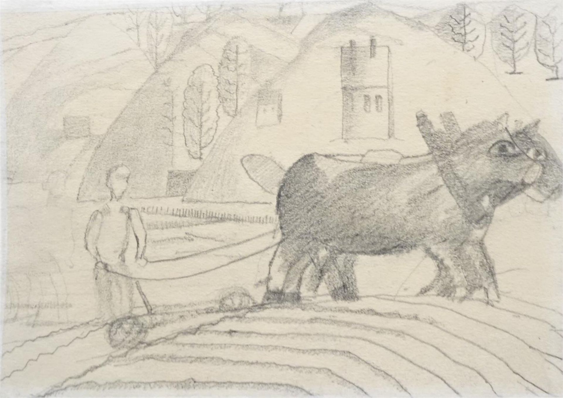 Herman Kruyder (1881-1935)potloodtekening, 10,5 x 14,5, Ploegende boer, met op verso een tekening