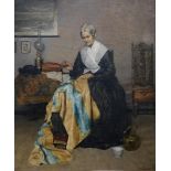 Paul Gorge (1856-1941)doek, 67 x 55, 'Pastoorsmoeder', Handwerkende dame in interieur, gesigneerd