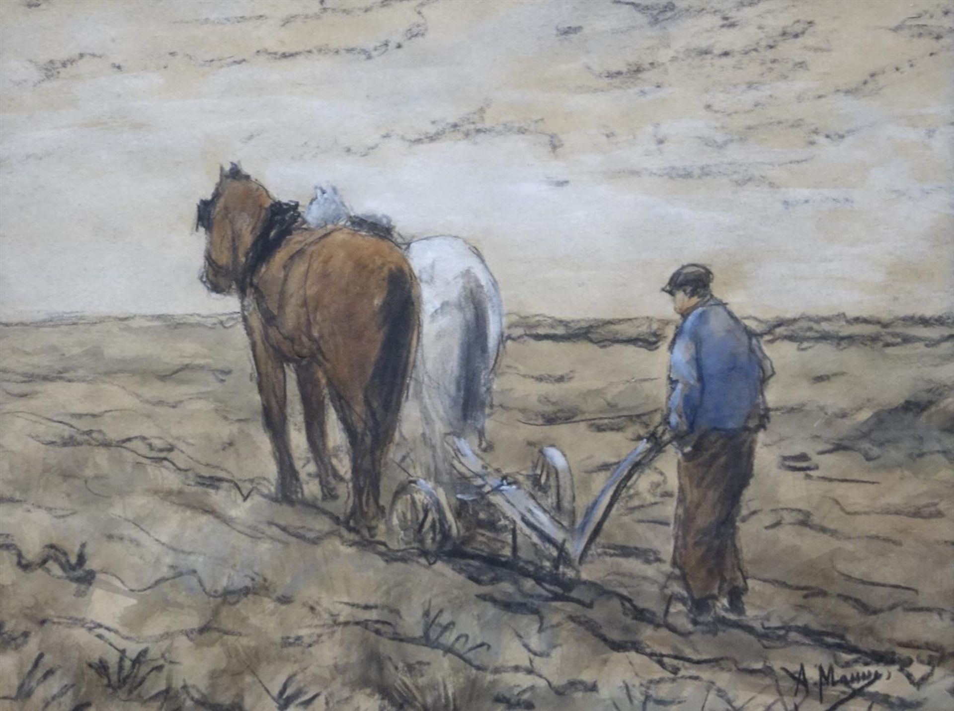 Anton Mauve (1838-1888)houtskool en aquarel op papier, 28 x 37, Ploegende boer, gesigneerd r.