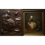 marouflé, 47 x 38, Dame met bieten in interieur, naar Jean Baptiste Chardin, met twee koperen