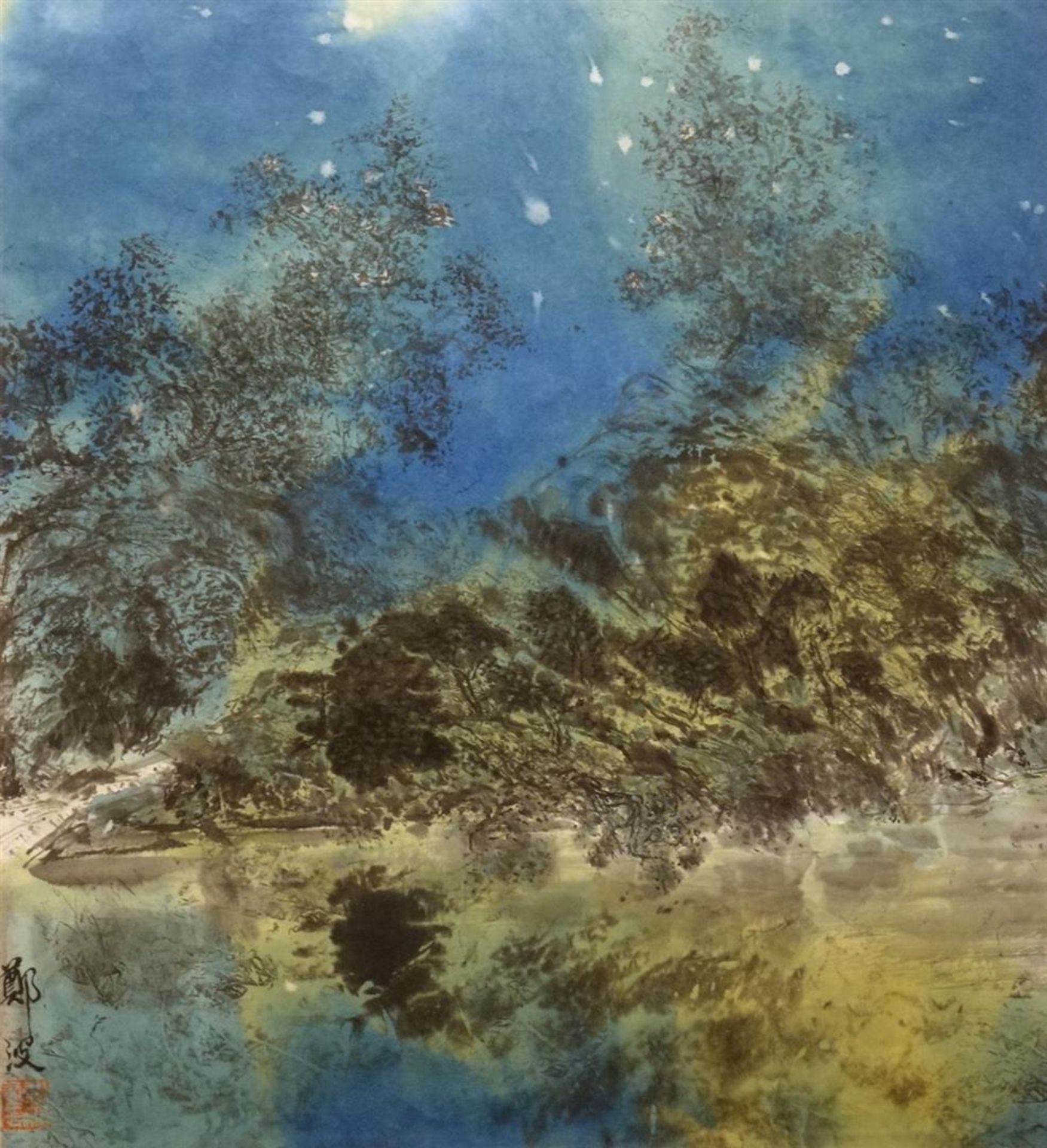 Bo Zheng (1957-)aquarel, 67,5 x 61,5, Landschap in blauw en groen, gesigneerd l.o.- - -29.00 %