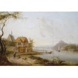 paneel, 19,5 x 24, Figuren langs rivieroever, 19de eeuw- - -29.00 % buyer's premium on the hammer