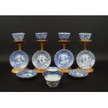 6 blauw/wit Chinees porseleinen kopjes en 7 schotels met decor van florale motieven en figuren,