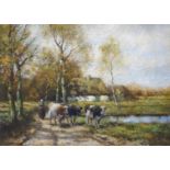 Arnold Marc Gorter (1866-1933)doek, 30,5 x 40,5, Boerin met koeien op het pad, niet gesigneerd,