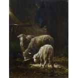 Charles Émile Jacque (1813-1894)paneel, 26,5 x 20, Stalinterieur met schapen, gesigneerd r.o.- - -