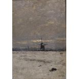 Philip Zilcken (1857-1930)paneel, 30 x 20, Winters polderlandschap met molen bij ondergaande zon,