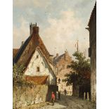 Adrianus Eversen (1818-1897)paneel, 19 x 15, Hollands stadsgezicht in de zomer, gesigneerd met