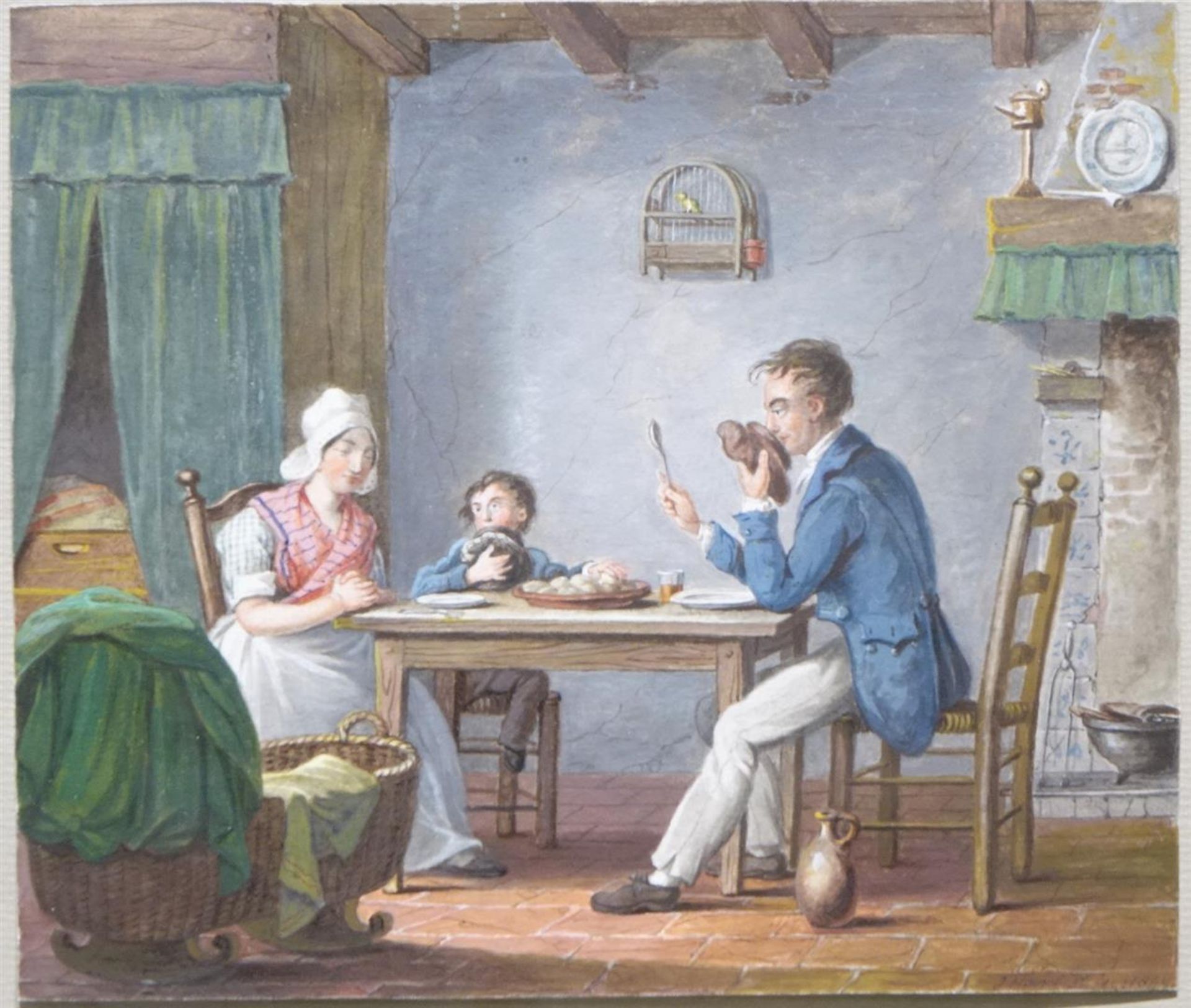 Johannes Hari (1772-1849)aquarel, 16 x 18,5, Kattenkwaad aan tafel, gesigneerd en gedateerd r.o.