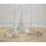 Willem Klijn (1892-1961)doek, 41 x 47,5, Zeilboten op het strand van Zandvoort, gesigneerd r.