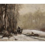 Louis Apol (1850-1936)paneel, 14 x 16, Winterlandschap met houthakkers langs bevroren vaart in de