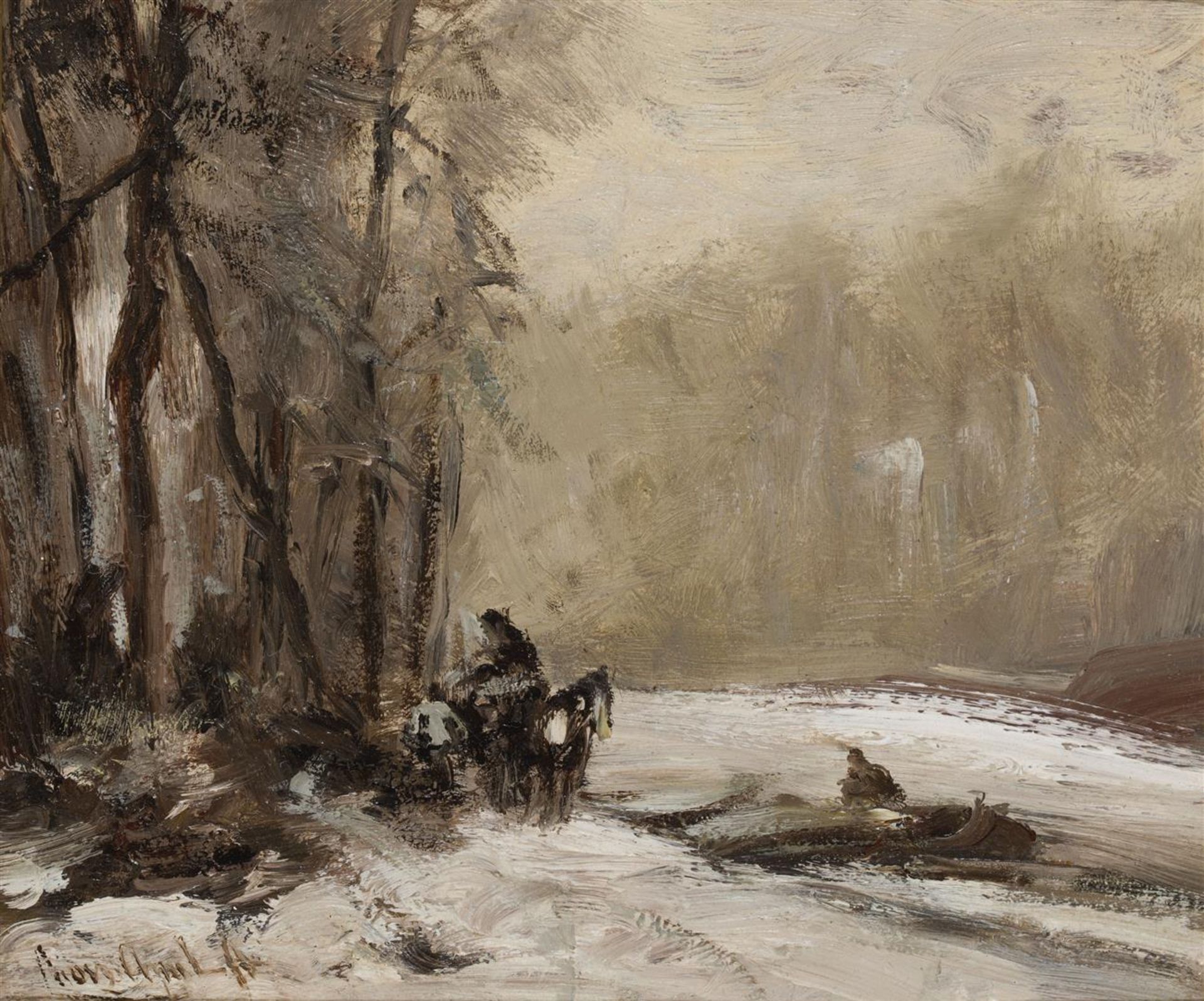 Louis Apol (1850-1936)paneel, 14 x 16, Winterlandschap met houthakkers langs bevroren vaart in de