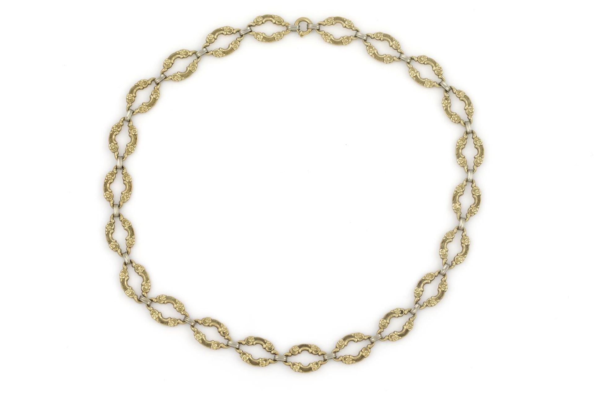 14 krt. gouden collier met bewerkte schakels, lengte: 42 cm., breed: 11 mm., gewicht: 20,6