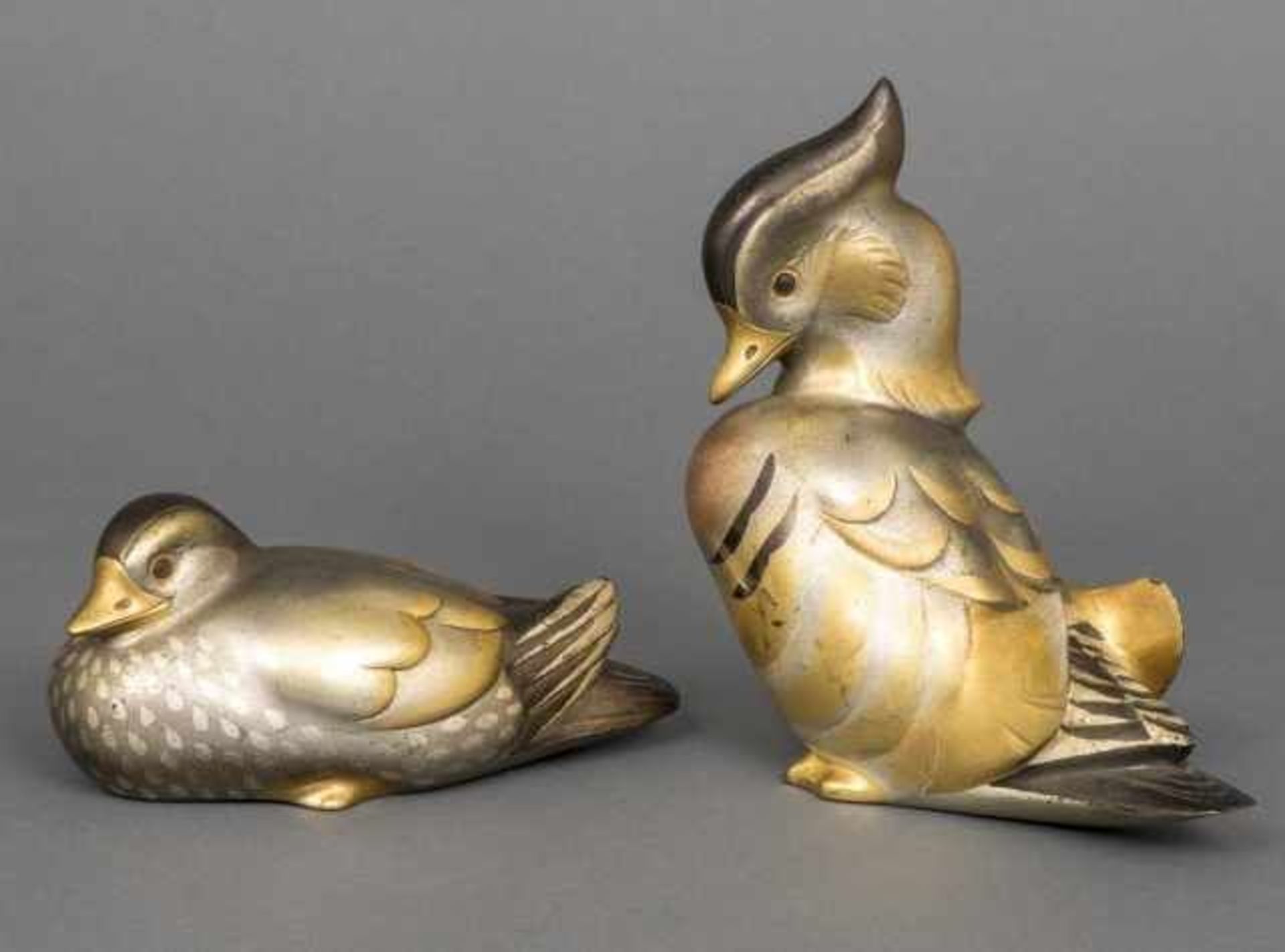 Pair of polychrome patinated bronze statues: mandarin ducks, Japan, signed Shûzan, around 1920 -some