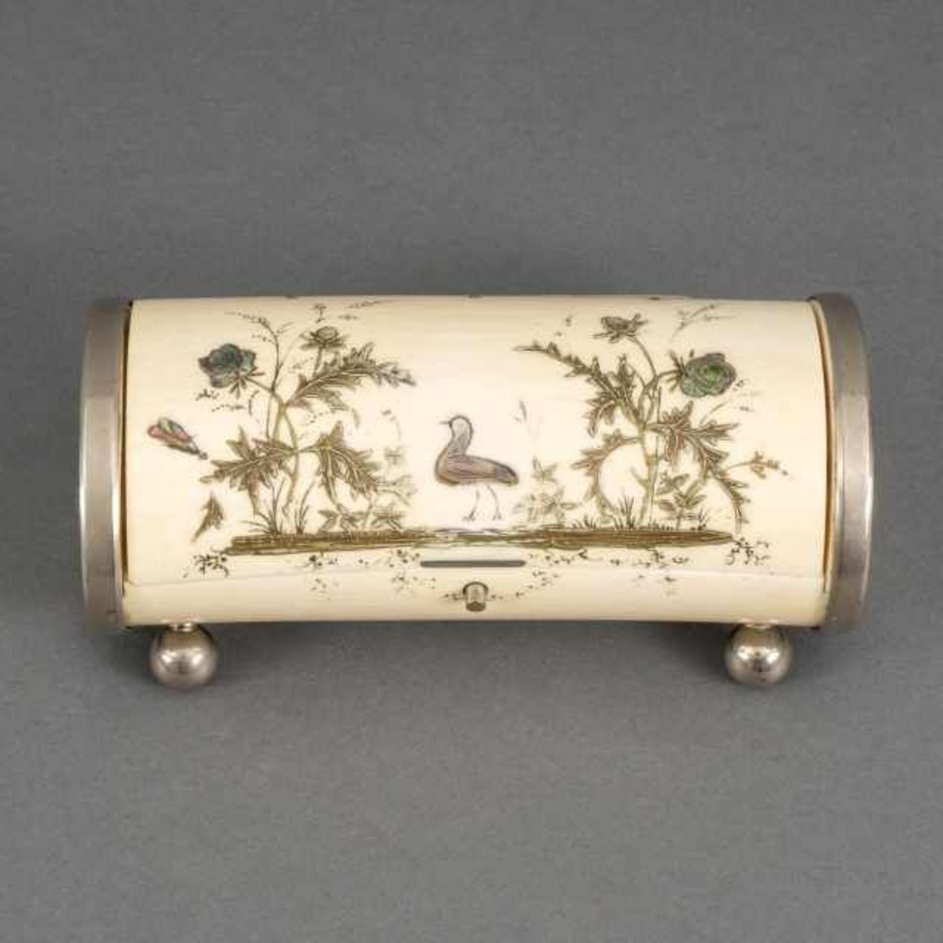 Ivory sewing kit container with nickel frames and Shibayama motif: ducks between flowers, inside a - Bild 3 aus 4