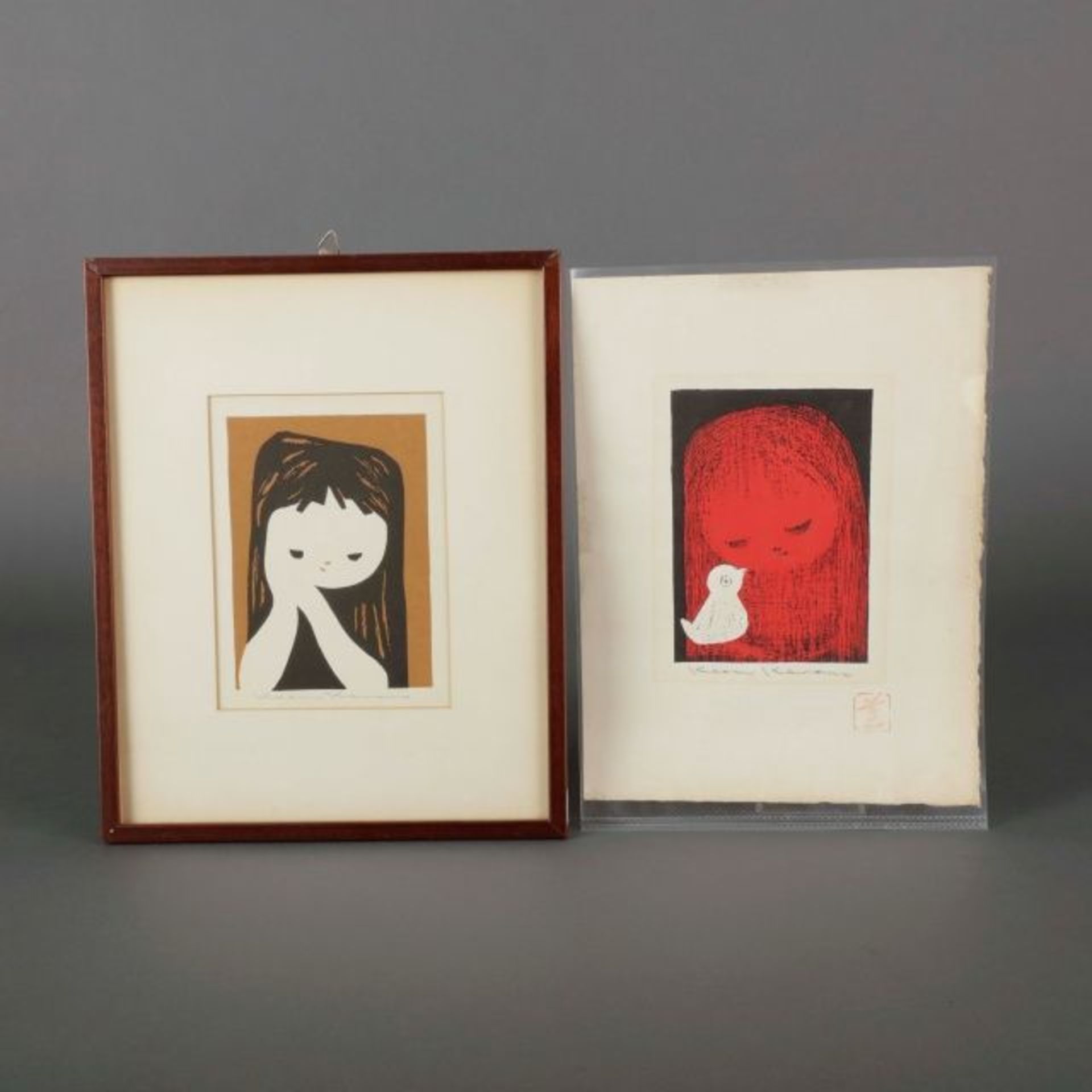 Kaoru Kawano (1916-1965), two woodblock prints: girl with her hands clasped together, and girl