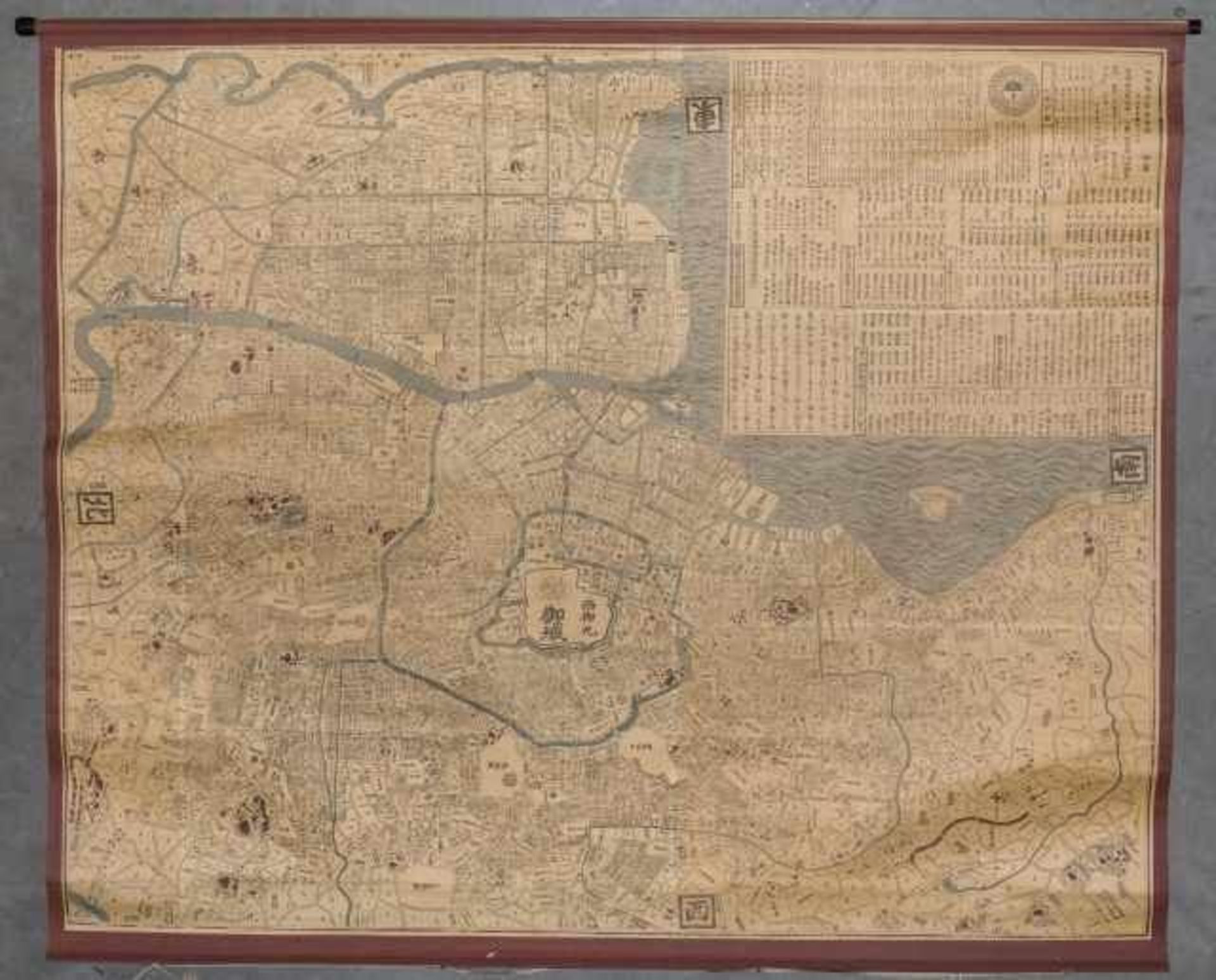 Large detailed map of Edo mounted as hanging scroll, Japan -tear in bottom, facsimile-202 x 170