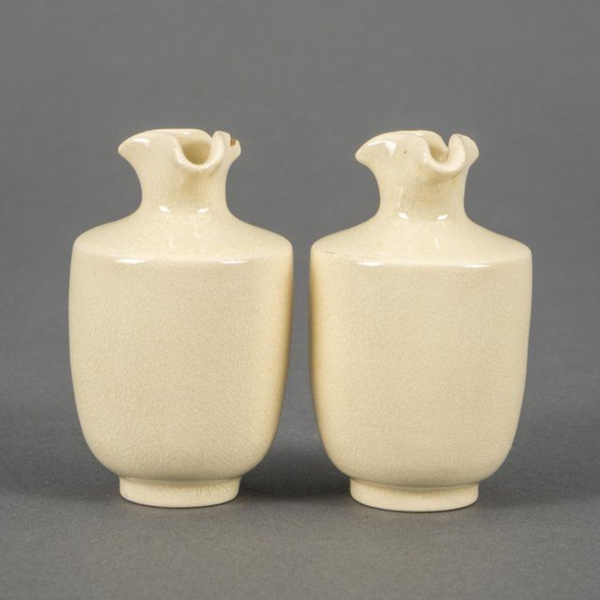 Pair of small white Satsuma vases with a pleated neck, the small chip in the neck with kintsugi,