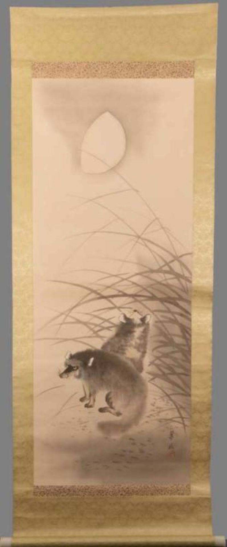 Kakejiku: two tanuki under a waxing gibbous moon, Japan, sumi on silk, white plastic jiku, signed,