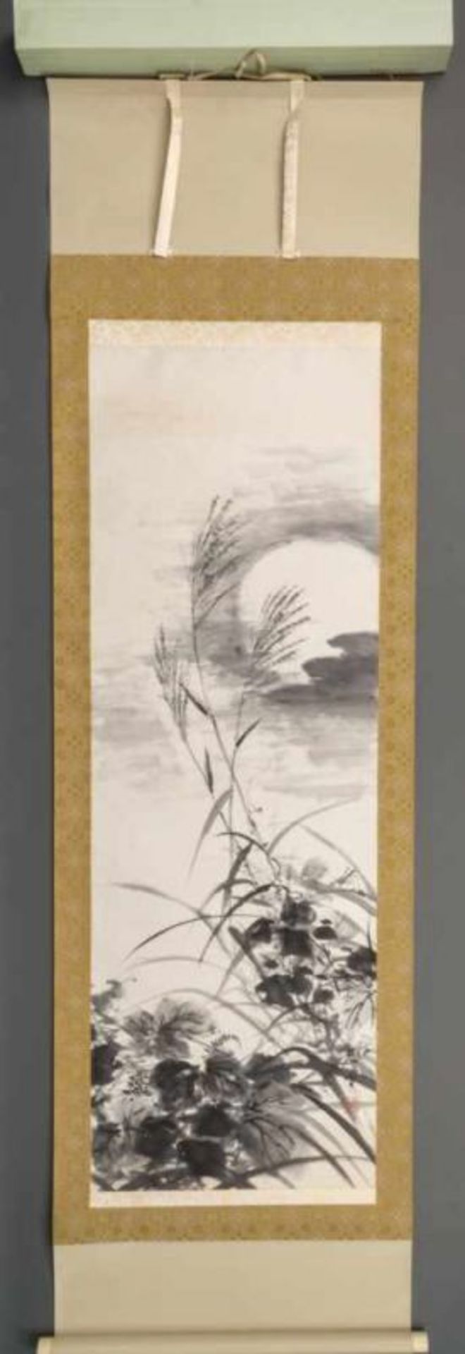 Kakejiku: cricket, moon, and autumn grasses, Japan, sumi on paper, plastic jiku, signed Hisayuki/