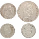 Nederlands-Indië. Lot (4) gulden, halve gulden en (2) 25 centen Willem I 1826-1840. Zeer Fraai.