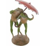 Miniatuur brons Fritz Bermann.Twee kikkers onder een paraplu, koudbeschilderd brons. Oostenrijk
