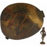 Beschilderde plaat en bronzen beeld. 19e/20e eeuw.Painted plate and bronze statue.19th / 20th