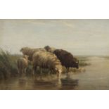 Helmert van der Flier (Baarn 1827-1899). "Aan den Rivier" - Drinkende schapen aan de oever. Olieverf