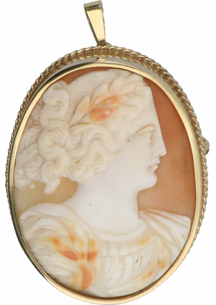 Camee hanger/broche geelgoud, schelp - 14 kt.LxB: 5,5 x 3,7 cm. Gewicht: 13,9 gram.Cameo pendant /