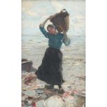 Hans Von Bartels (1856-1913).Een vissersmeisje op het strand. Olieverf op doek. Gesigneerd en