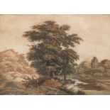 Onbekend, ca. 1900.Een landschap met figuren langs een pad met eikenbomen. Aquatint. Afm. 45 x 63