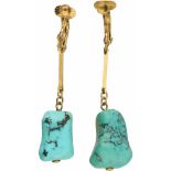 Oorbellen geelgoud, turkoois - 14 kt.LxB: 4,5 x 1 cm. Gewicht: 6,56 gram.Earrings yellow gold,