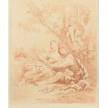 Lithografie in sanguine naar Francois Boucher (1703 - 1770).Petite romance door de Quenot. Litho.