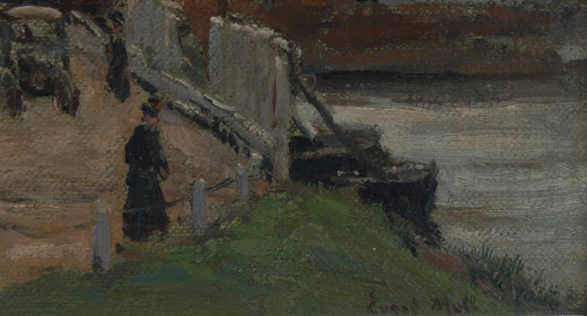Evert Moll (Voorburg 1878-1955 Den Haag). Een entree naar een stad. Olieverf op doek op paneel ( - Bild 3 aus 3