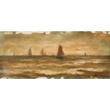 Hendrik Willem Mesdag (Groningen 1831 - 1915 Den Haag).Bomschuiten op zee. Olieverf op doek op