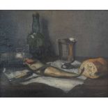 G. Blanchard, 19e/20e eeuw. Een stilleven van haring en brood op een tafel. Olieverf op doek.