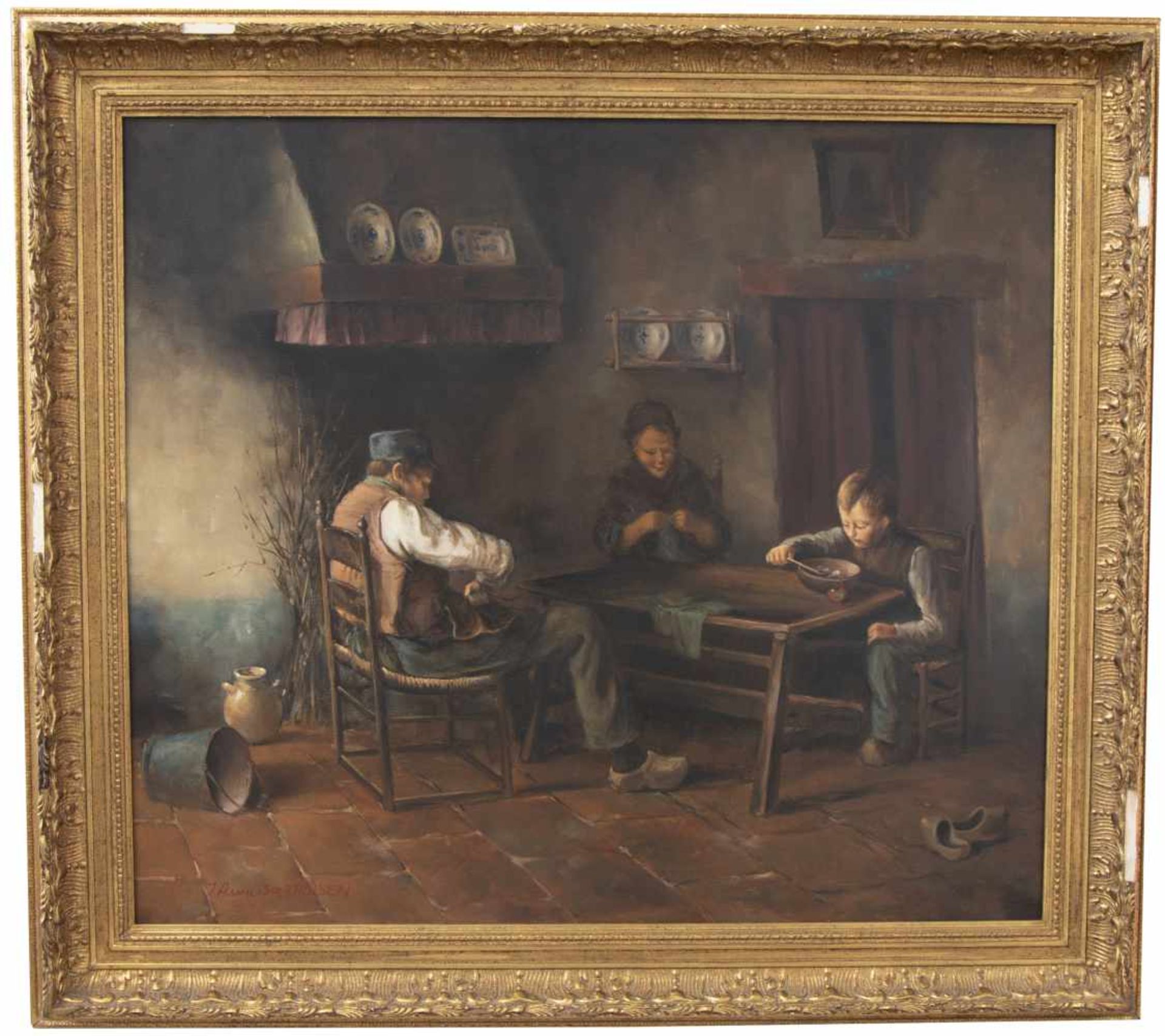 J.A. van Bulthuisen, 20e eeuw.Een boerengezin in een interieur. Olieverf op doek. Gesigneerd - Bild 2 aus 3