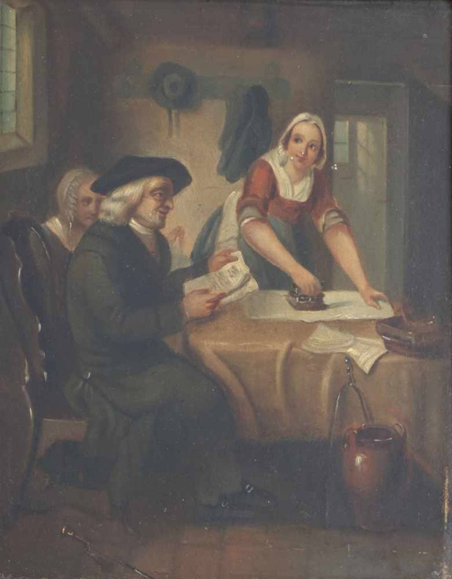 Hollandse School, 19e eeuw.Bezoek van de notaris. Olieverf op paneel. Onduidelijk gesigneerd