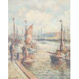 Evert Moll (Voorburg 1878-1955 Den Haag).De haven te Scheveningen. Olieverf op doek. Gesigneerd