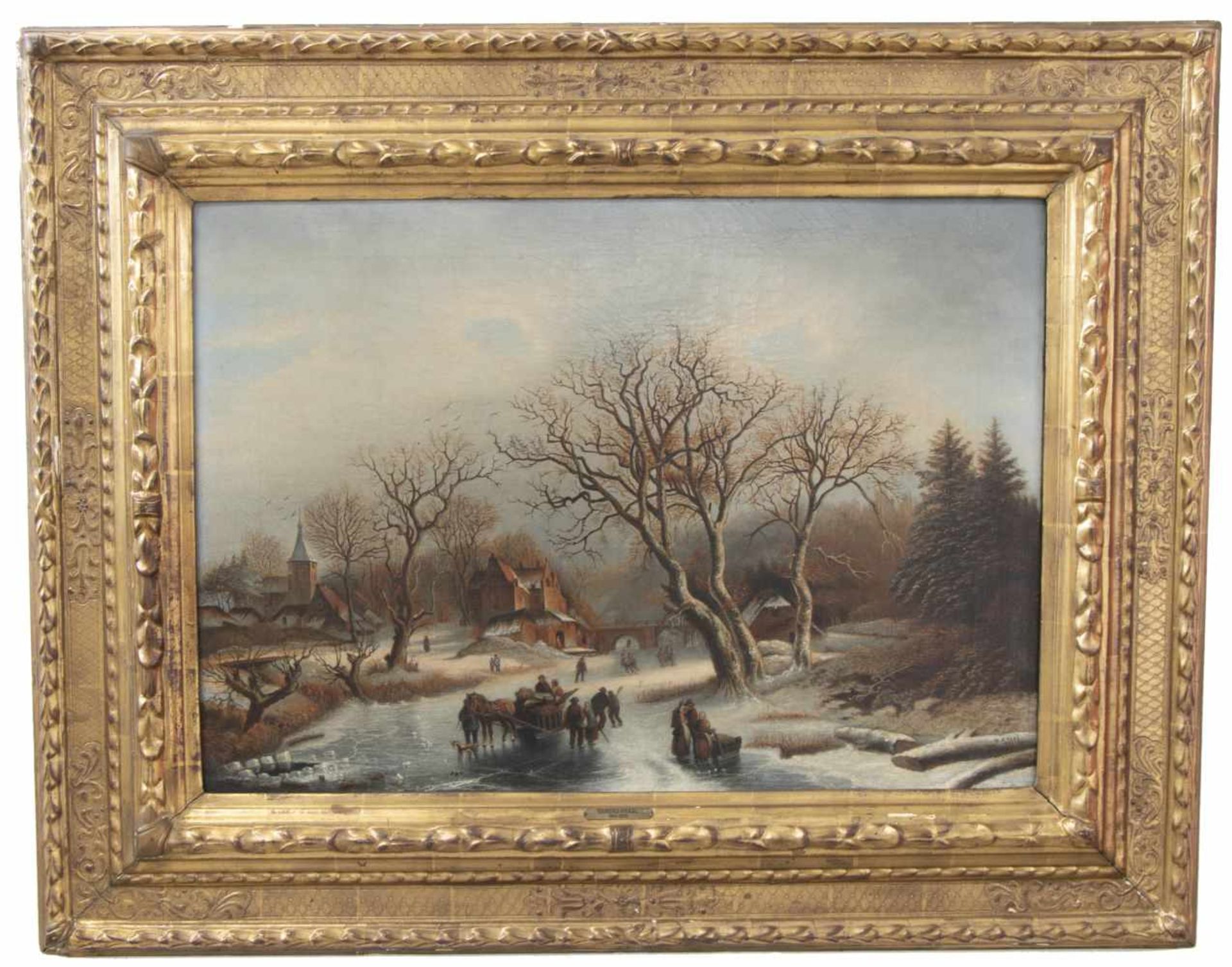 Barend Kraal (Blokzijl 1814-1879 Kampen).Winterlandschap met vele schaatsers en figuren op het - Bild 2 aus 3