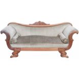 Een Biedermeier sofa, tweede helft 19e eeuw.Met griffioen motieven in de poten. Gestreepte bekleding