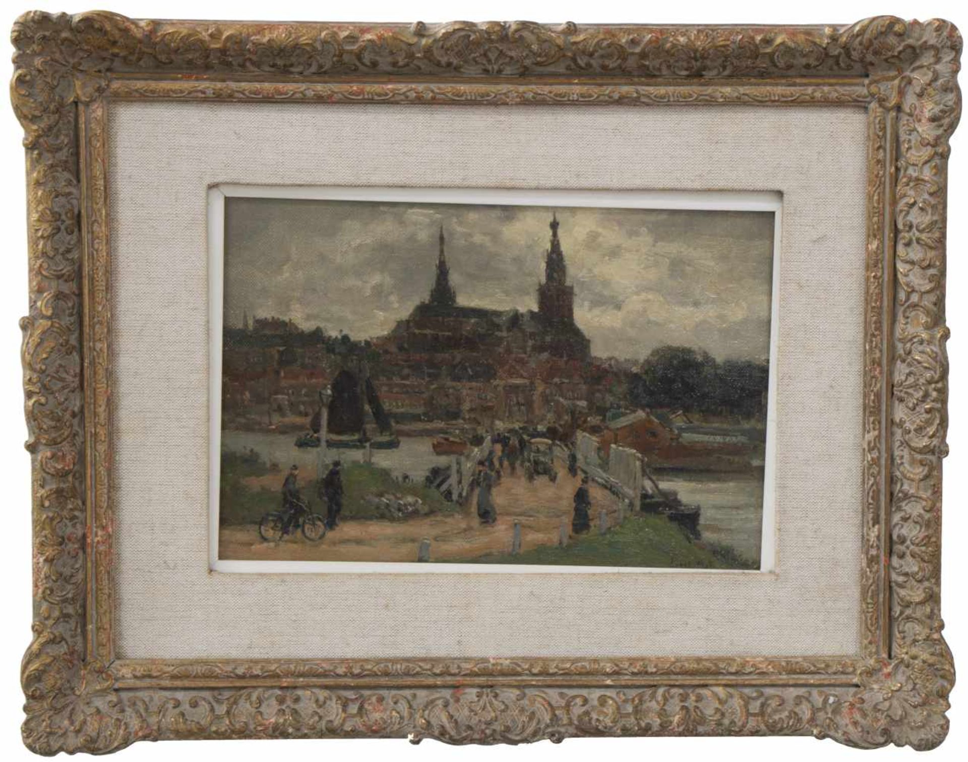 Evert Moll (Voorburg 1878-1955 Den Haag). Een entree naar een stad. Olieverf op doek op paneel ( - Bild 2 aus 3