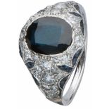 Art Deco ring witgoud met platinum verguld, ca. 0.74 ct. diamant en saffier - BWG 9 kt.12 Old