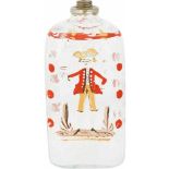 Een glazen flesje beschilderd met cavalier. Circa 1800.Afm. 16,5 x 7 x 5 cm.A glass bottle painted