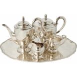 (5) delig koffie en thee servies zilver.Gebold model met gelobd dienblad. Nederland, S`