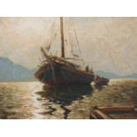 Gustave Vidal (Frankrijk 1895-1966).Zeilschip bij een havenhoofd, Frankrijk. Olieverf op doek.